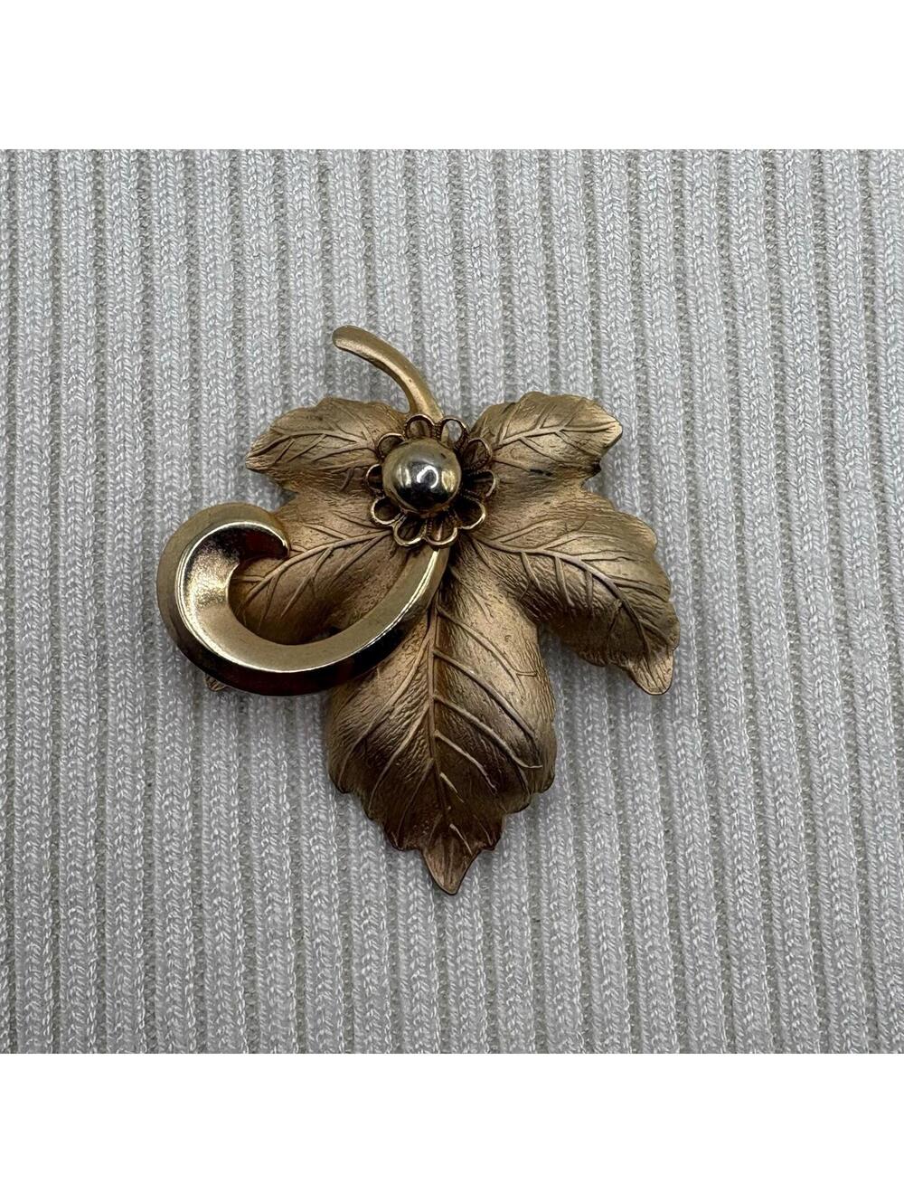Vintage Gold Tone Leaf Brooch Pin Mid Century